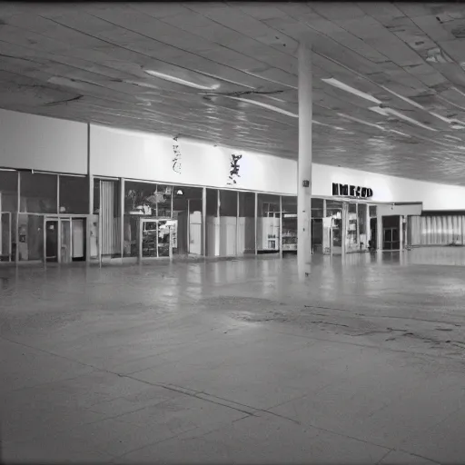 Image similar to realistic photograph of the inside of an abandoned ikea with strange humanoid monsters walking inside, 3 5 mm, film grain