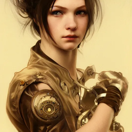 Image similar to portrait of a hooded young female steampunk fighter, headshot, hyper realistic, pale skin, 4k, rule of thirds, extreme detail, detailed drawing, trending artstation, hd, fantasy, D&D, realistic lighting, by Alphonse Mucha, Greg Rutkowski, sharp focus, backlit, elegant