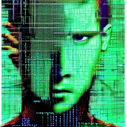 Prompt: hyperrealistic portrait of a cyberpunk teenager, male, short hair, confident, cybernetics, immersed within a glitch network, by Guy Denning, Metzinger, Russ Mills, glitch art, hyper focus, fine detail, fined detail, polished, complex, hacking effects, digital tech effects, chromatic, color blocking!, green, realistic, acrylic on canvas, concept art, abstract, trending on cgsociety, trending on artstation