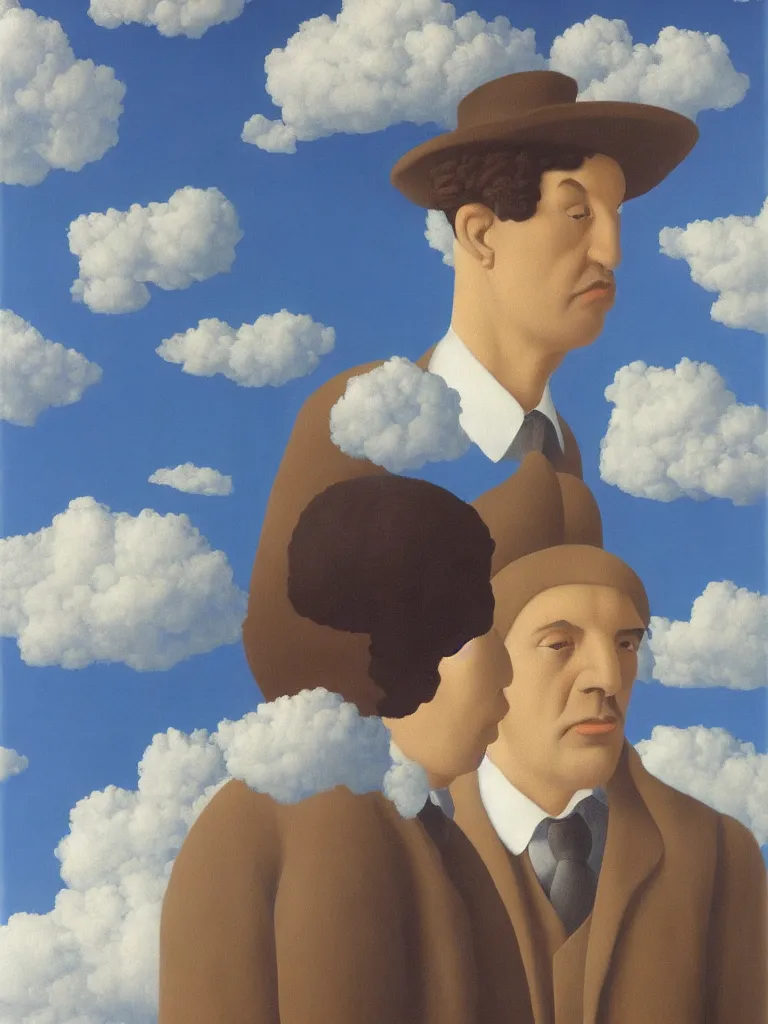 Image similar to portrait of cloud man by rene magritte, detailed painting, hd, hq, high resolution, high detail, 4 k, 8 k