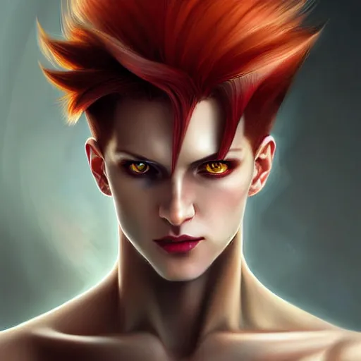 Prompt: portrait of hisoka morow hunter hunter, male, thin lips extremely sharp jaw yellow eyes narrow almond eyes sultry eyes red hair soft bunched hair swept back crimson medium length hair, anime, fantasy, intricate, elegant, highly detailed, digital painting, artstation sharp focus, madonna bowie art by artgerm and greg rutkowski and alphonse mucha