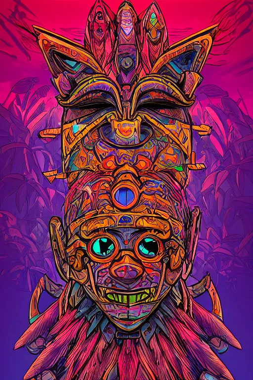 Image similar to totem animal tribal chaman vodoo mask feather gemstone plant video game illustration vivid color borderlands by josan gonzales and dan mumford radiating a glowing aura