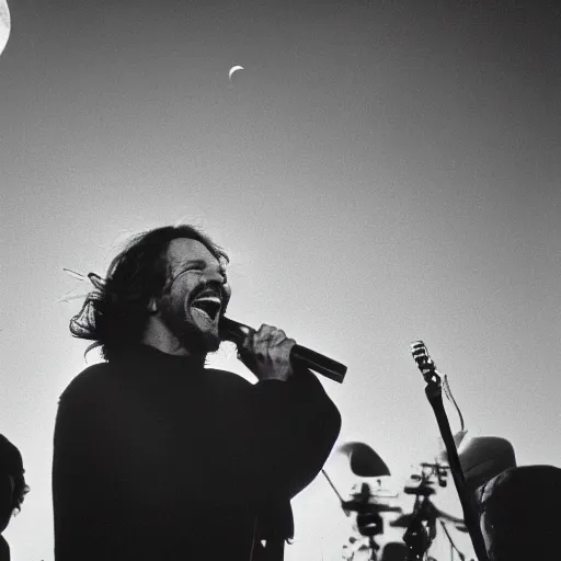 Image similar to 3 5 mm photograph of eddie vedder laughing at the moon