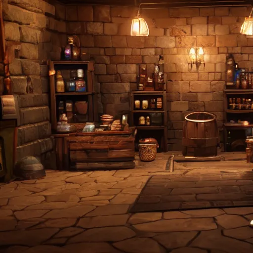 Prompt: a dungeons and dragons potion shop, 4k, trending on artstation, unreal engine, cinematic