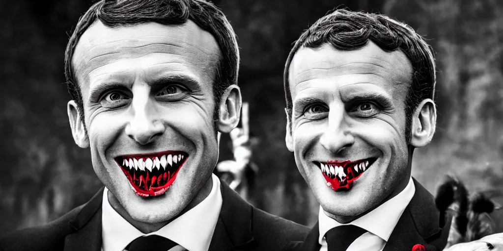 Prompt: emmanuel macron as dracula showing lowing canine, vampire teeth, vampire, macron, eerie, cinematic, movie still, emmanuel macron, fantasy, natural light, blood, sharp focus, dark ambience, natural light