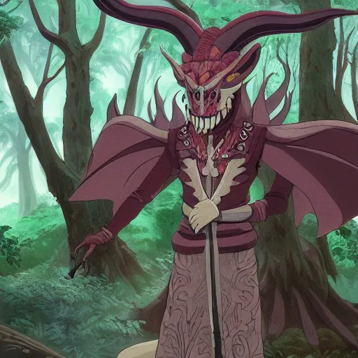 Image similar to concept art painting of an anthropomorphic dragon king with robes, a long neck, and horned skull mask, in a deep forest, cel shaded, in the style of makoto shinkai and james gurney and studio ghibli and moebius