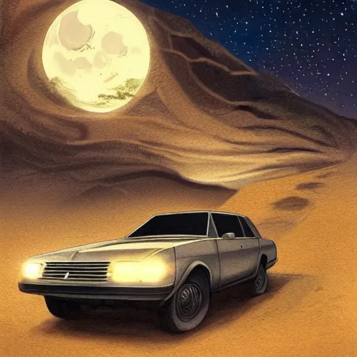 Prompt: car driving up mountain at night with moon in the sky, desert, old car, sketch, concept art, fantasy, intricate, highly detailed, digital painting, elegant