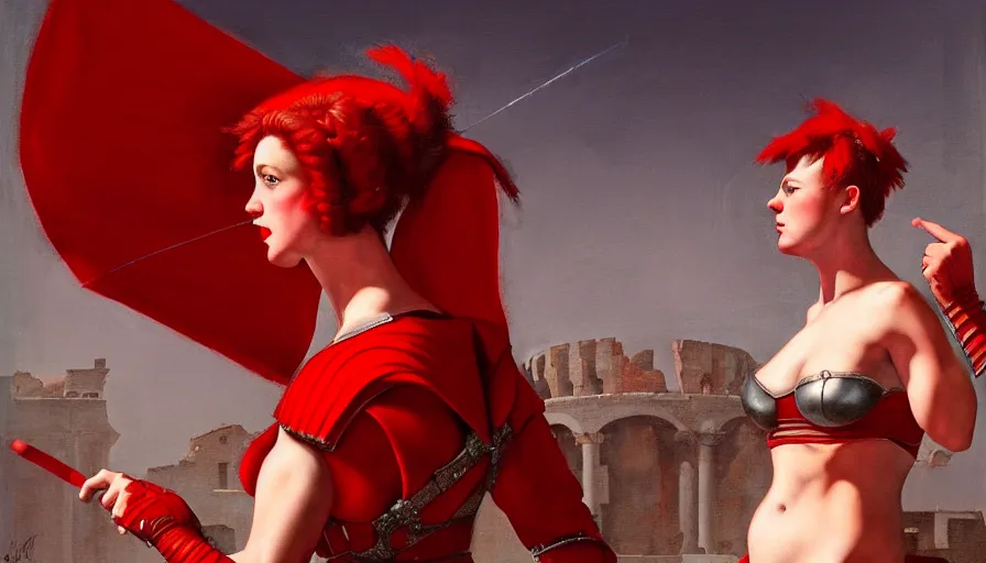 Image similar to only with red, an armored female gladiator in a crowded roman amphitheatre, crowd cheering, in the style of rolf armstrong and ambrosius benson and edward hopper and and rodcenko, intricate and epic composition, red by caravaggio, highly detailed, masterpiece, red light, artstation