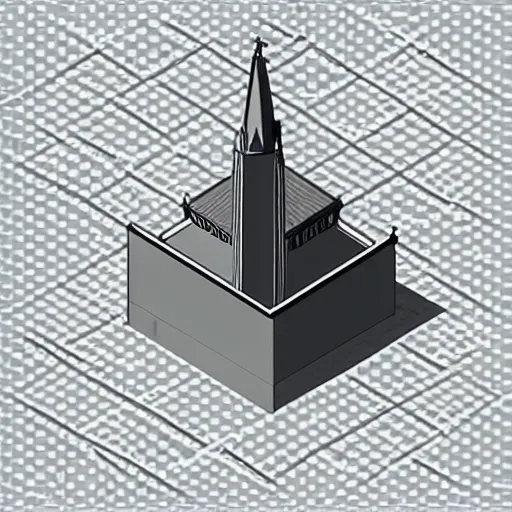 Image similar to isometric view of a church, steeple, geometric isometric perspective