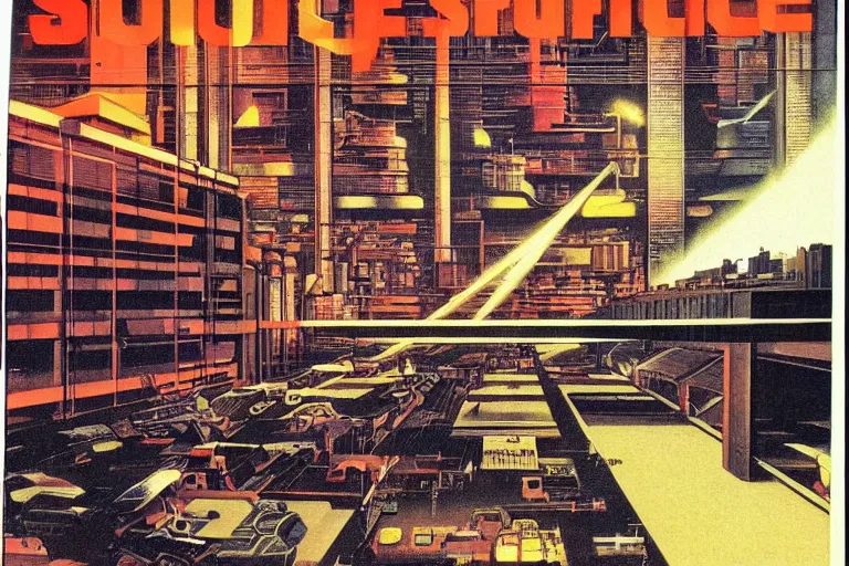 Prompt: 1979 Popular science Magazine Cover of a warehouse in neo-Tokyo in cyberpunk style by Vincent Di Fate