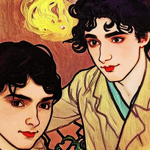 Image similar to painting of young cute handsome beautiful dark medium wavy hair man in his 2 0 s named shadow taehyung and cute handsome beautiful min - jun together at the halloween! party, bubbling cauldron!, candles!, smoke, autumn! colors, elegant, wearing suits!, clothes!, delicate facial features, art by alphonse mucha, vincent van gogh, egon schiele