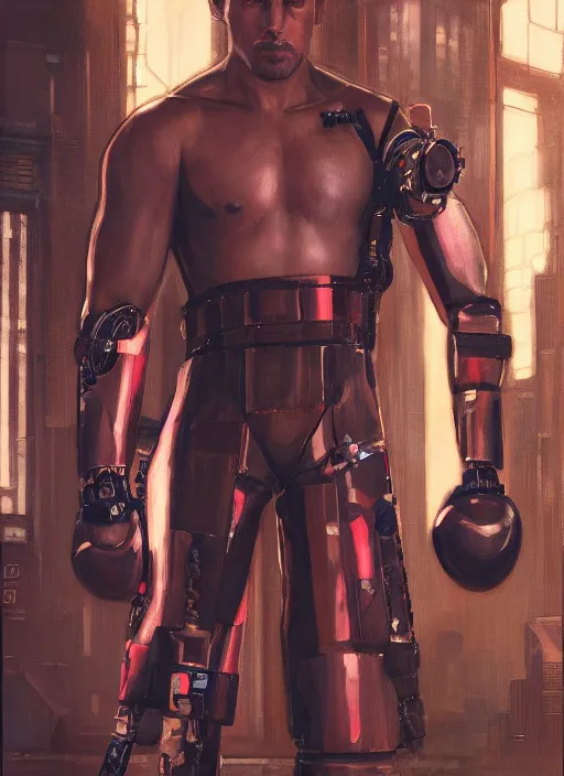 Image similar to buff cyberpunk olympic boxer with robotic arms and cybernetic eyepiece wearing a jumpsuit ( blade runner 2 0 4 9, cyberpunk 2 0 7 7 ). orientalist portrait by john william waterhouse and james gurney and theodore ralli and nasreddine dinet, oil on canvas. cinematic, hyper realism, realistic proportions, dramatic lighting, high detail 4 k