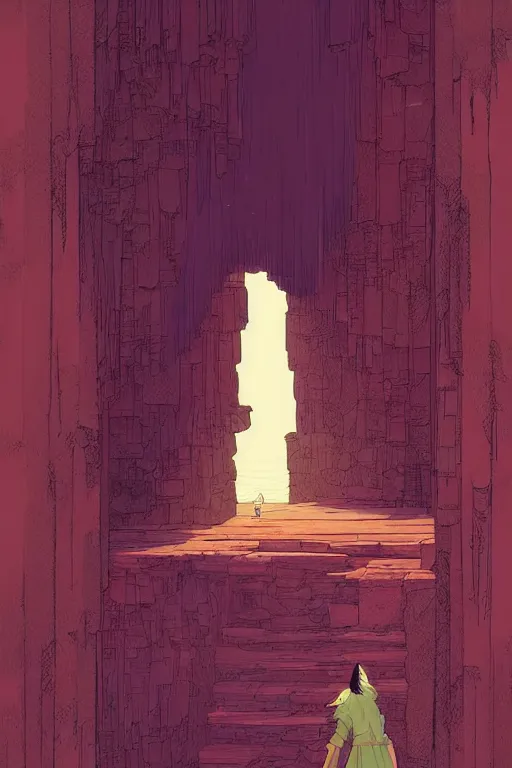 Prompt: a girl sneaking behind a giant wooden door with archaic symbols embedded onto it, in a cave with the waterfall, digital art, illustrated by pascal campion and moebius and victo ngai, comics style
