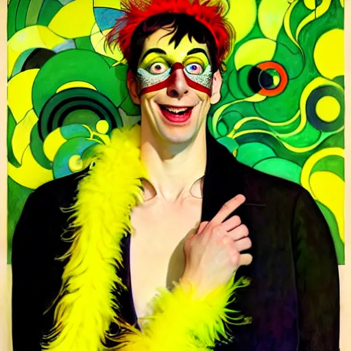 Image similar to art by joshua middleton, the yellow creeper, a tall manically smiling yellow - skinned man with green and black striped cycling shorts and wearing a long red feather boa, yellow makeup, mucha, kandinsky, poster, comic art, stylised design, red feather boa