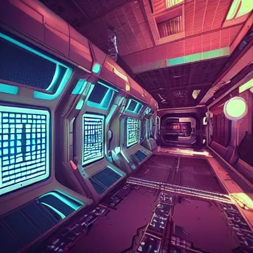 Image similar to “walking through a space station terminal in the architectural style of Alien Isolation. Noticing the attention to detail in the retro futuristic aesthetic”