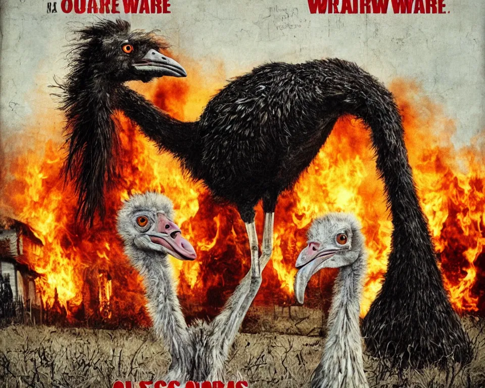 Image similar to a horror movie poster with an ostrich and a burning house with the words beware of the ostrich