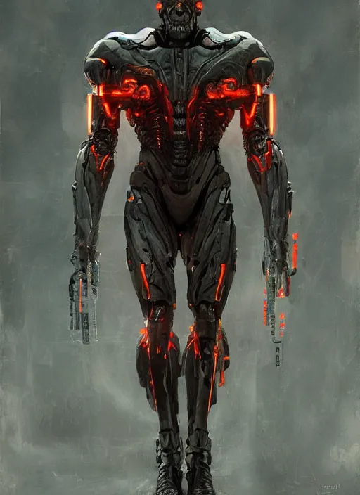 Image similar to willem dafoe as victor stone, full body concept, cyborg, borg, strogg, face of a man, terminator, flesh, quake strogg, doom demon, wolfenstein, monstrous, symmetry, symmetrical, concept art by ruan jia and greg rutkowski