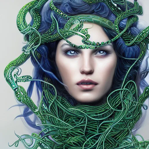 Image similar to detailed portrait of the queen of snakes, realism, pale blue, emerald, sapphire, wearing a crown of vines, nest of vipers, moonlit, dark fantasy, dramatic lighting, cgsociety, artstation