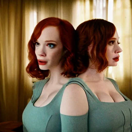 Image similar to a very surprised beautiful Christina Hendricks and her twin sister in the living room, film still from the movie directed by Denis Villeneuve with art direction by Salvador Dalí, wide lens