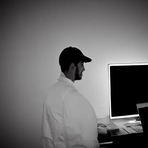 Image similar to golbin man hiding away on a computer in a dark hovel flash light lit dimly lit room