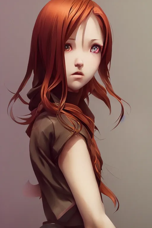 Image similar to Very complcated dynamic composition, realistic anime style at Pixiv, Zbrush sculpt colored, Octane render in Maya and Houdini VFX, young redhead girl in motion, wearing jacket and skirt, silky hair, black stunning deep eyes. By ilya kuvshinov, krenz cushart, Greg Rutkowski, trending on artstation. Amazing textured brush strokes. Cinematic dramatic soft volumetric studio lighting