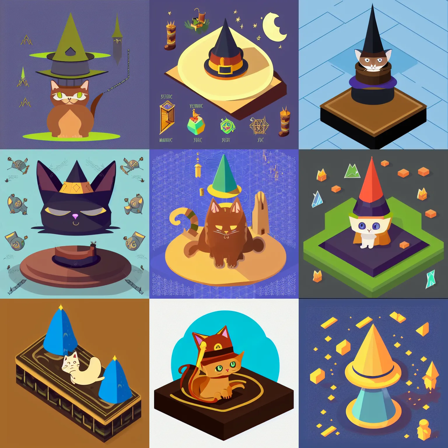 Prompt: a detailed isometric flat design vector illustration of an adorable occult magic cat with a wizard hat that is on a plateau in the style of medieval fantasy