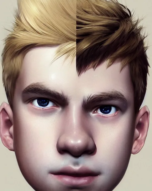 Image similar to portrait of 1 5 - year - old boy with blonde hair, round - face, and slightly buck - toothed, hyper realistic face, beautiful eyes, character art, art by artgerm lau and wlop and and ilya kuvshinov and john singer sargent, hyperdetailed, symmetrical, cryengine, trending on artstation, digital art