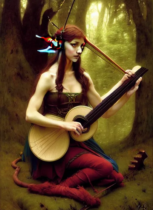 Image similar to forest elf bard playing lute, full body, hyper realistic, extremely detailed, dnd character art portrait, dark fantasy art, intricate fantasy painting, dramatic lighting, vivid colors, deviantart, artstation, by edgar maxence and caravaggio and michael whelan and delacroix.