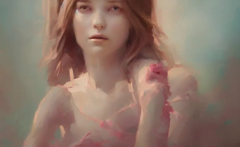 Image similar to a painting of little alice trending on artstation in the style of greg rutkowski, beautiful, female, sensual, natural skin, soft lighting, brown hair, curvy build, natural sensuality, pink, blue