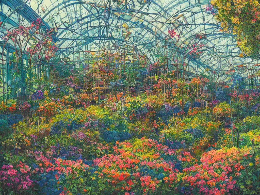 Image similar to painting of a botanical garden greenhouse serene morning light colorful flowers, vivid colors, Alena Aenami, Rebecca Guay, science fiction vintage art