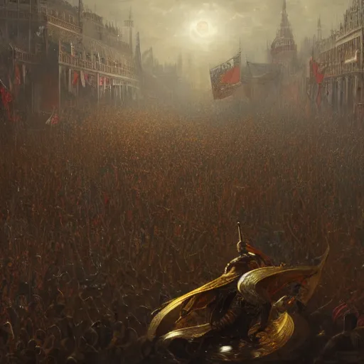 Image similar to artstation concept of a man in armor standing in a crowd gettig cheered, man with arms wide open, bright colorful, gold, hyperdetailed, artstation trending, world renowned artists, worth 1 0 0 0. com, historic artworks society, antique renewel, cgsociety, by greg rutkowski, by gustave dore, deviantart