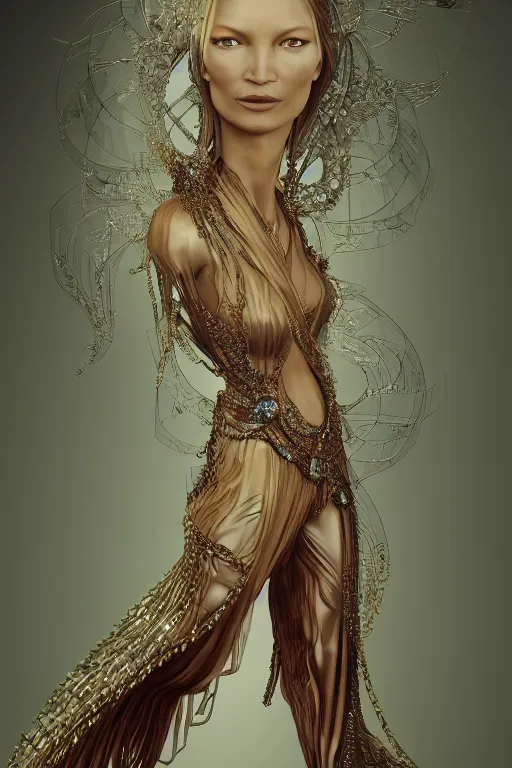 Image similar to a realistic portrait of a beautiful ancient alien woman goddess kate moss standing in iris van herpen dress jewelery and fractals in style of alphonse mucha art nuvo dmt trending on artstation made in unreal engine 4