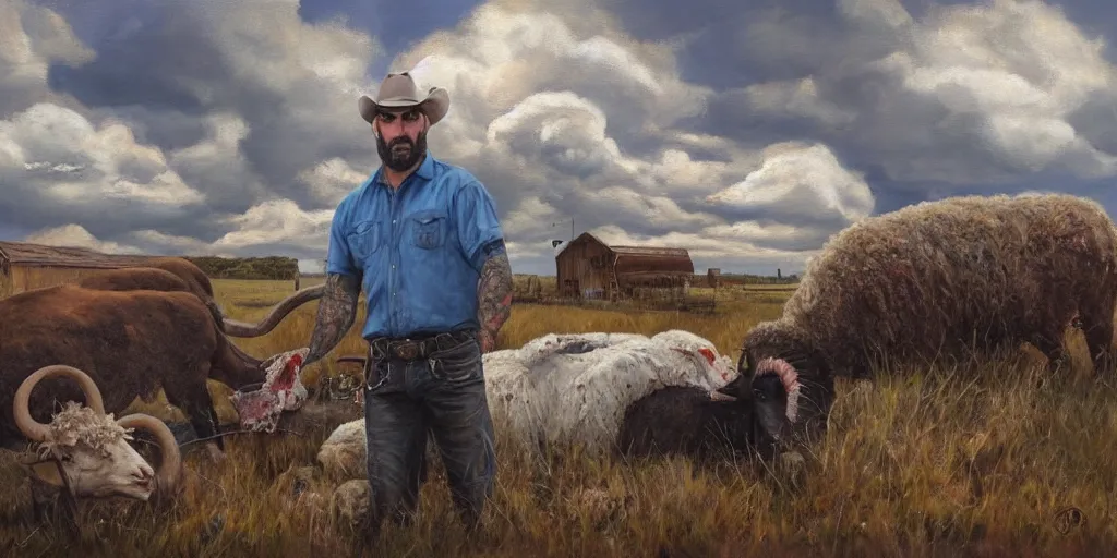 Prompt: oil painting of Dave Bautista the cowboy with a dead sheep outside a cabin on the prairie, cumulonimbus clouds
