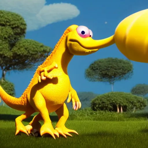 Prompt: pixar render the yellow dinosaur, cute character, high detail, fine hair details, big eyes, friendly, warm and calming, bursting with energy and life, after effects, post processing, video and game ready, octane render, volumetric lighting, glow lights, sharp focus, clear focus, soft shadows, highly intricate and beautiful symmetry