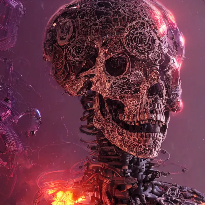 Prompt: cybernetic skeleton babe. burning distortions. dusty distortions. intricate abstract. intricate artwork. by Tooth Wu, wlop, beeple, dan mumford. octane render, trending on artstation, greg rutkowski very coherent symmetrical artwork. cinematic, hyper realism, high detail, octane render, 8k, iridescent accents