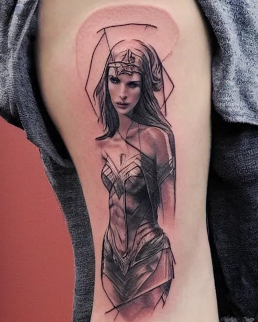 Image similar to creative double exposure effect tattoo design sketch of beautiful gal gadot faded with beautiful mountain scenery, realism tattoo, in the style of matteo pasqualin, amazing detail, sharp