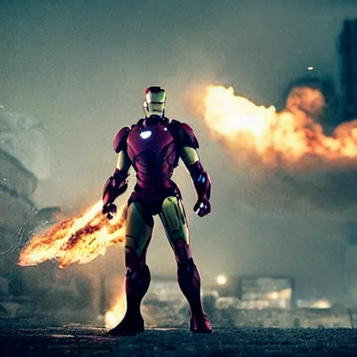 Prompt: < photo hd stunning reimagined mood = gritty gaze = camera > iron man poses with a flamethrower as a city burns in the background < / photo >