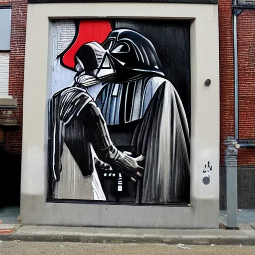 Image similar to banky street - art of darth vader kissing jar jar binks