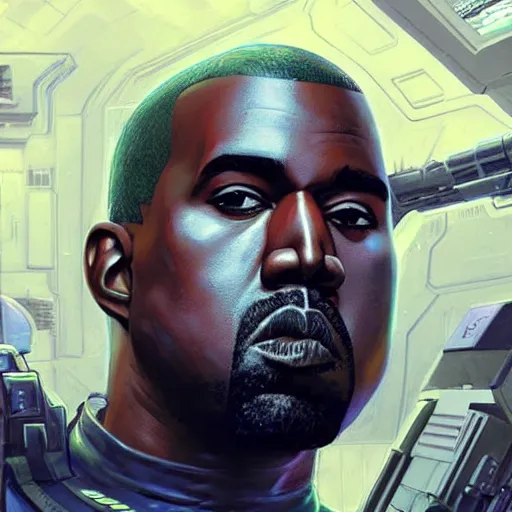 Prompt: Kanye West as a space soldier, Sci-Fi closeup character art by Neil Roberts and Marc Lee and Vladimir Krisetskiy and Donato Giancola and Craig Mullins, digital art, trending on artstation