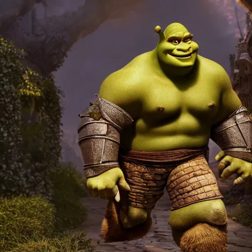 Image similar to shrek from shrek as a glorious devout shining powerful epic amazing awesome very handsome attractive muscular stylish knight in shining golden armor riding donkey, fantasy art, highly detailed, photorealistic, octane render, 8 k, unreal engine, art by leonardo devinci