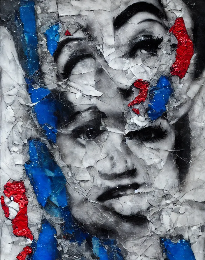 Prompt: languid temptation. mixed media collage with shattered glass and marble texture in style of contemporary art, punk art, photorealistic face, expressionism, masterpiece, perfect composition, photorealistic beautiful face, spectacular quality, intricate oil details, red, white, blue, black