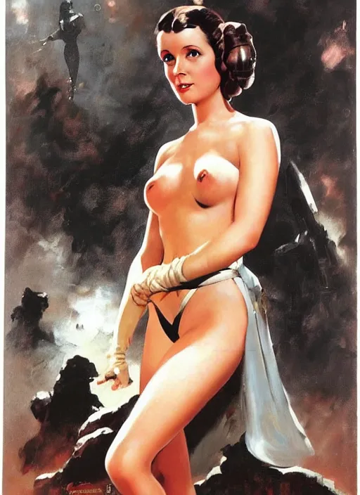 Prompt: oil painting of Princess Leia by frank frazetta alluring pin up deviant art star wars