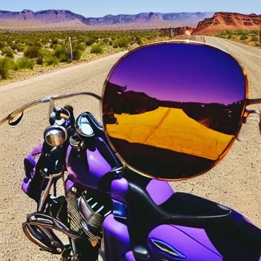 Prompt: purple cow wearing yellow sunglasses, riding an harley davidson on route 6 6, cactus on background