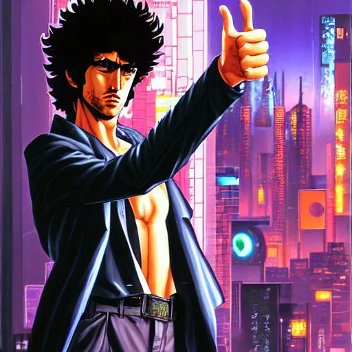 Image similar to a detailed beautiful cyberpunk painting of spike spiegel as a curly-haired persian guy giving a thumbs up by masamune shirow