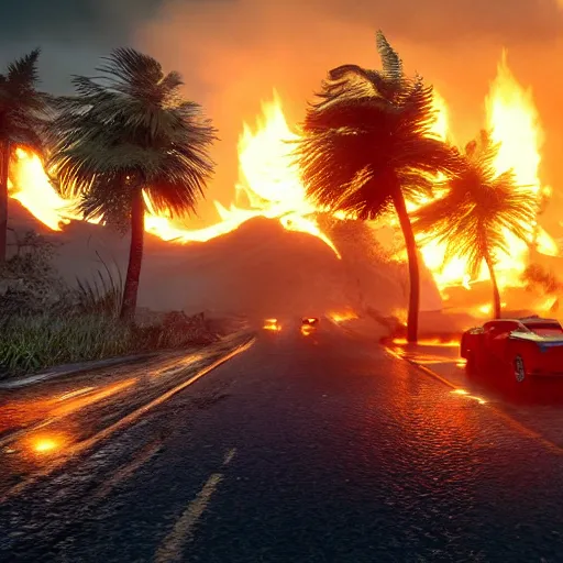 Image similar to far cry car leaking black tar chaotic intensive apocalyptic adrenaline anger oil black tar landscape wasteland miami desert on fire landscape natural disasters sunset palm trees landscape on fire unreal engine fallout style james gurney, henry moore style