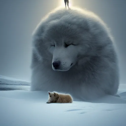 Image similar to giant sleeping ( ( ( ( samoyed ) ) ) ) creature creature in a tundra landscape, dramatic lighting, moody : : by michal karcz, daniel merriam, victo ngai and guillermo del toro : : ornate, dynamic, particulate, intricate, elegant, highly detailed, centered, artstation, smooth, sharp focus, octane render, 3 d