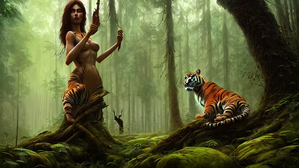 Image similar to a queen of the forest, with beautiful woman body, lost in the forest with tiger, detailed digital art by greg rutkowski.