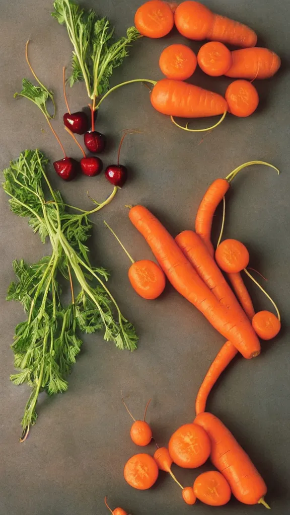 Image similar to 1 9 7 0 s food photography of carrot and cherries in the shape of a man