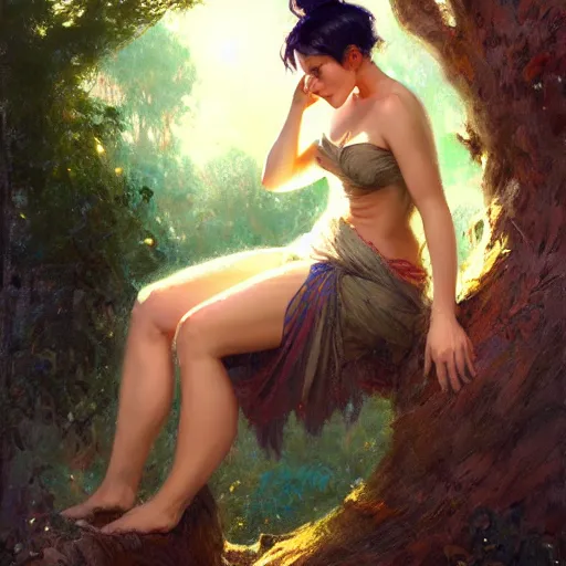 Image similar to portrait of a strong woman resting on a large tree, short black hair, decorative dark blue clothing, bare legs sharp focus, ultra realistic digital painting, colorful, cinematic lighting, high fantasy, intricate, highly detailed, smooth, elegant, gaston bussiere, bayard wu, greg rutkowski