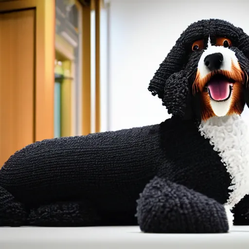 Image similar to a closeup photorealistic photograph of a cute smiling knitted bernedoodle judge dog dressed in a black gown, presiding over the courthouse. indoors, professional capture, well lit shot. this 4 k hd image is trending on artstation, featured on behance, well - rendered, extra crisp, features intricate detail, epic composition and the style of unreal engine.